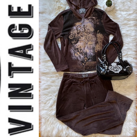 🔥Rare🔥 Y2K Vintage Brown Velour Embellished Track Suit, XL, Made in 🇺🇸 - Picture 8 of 16